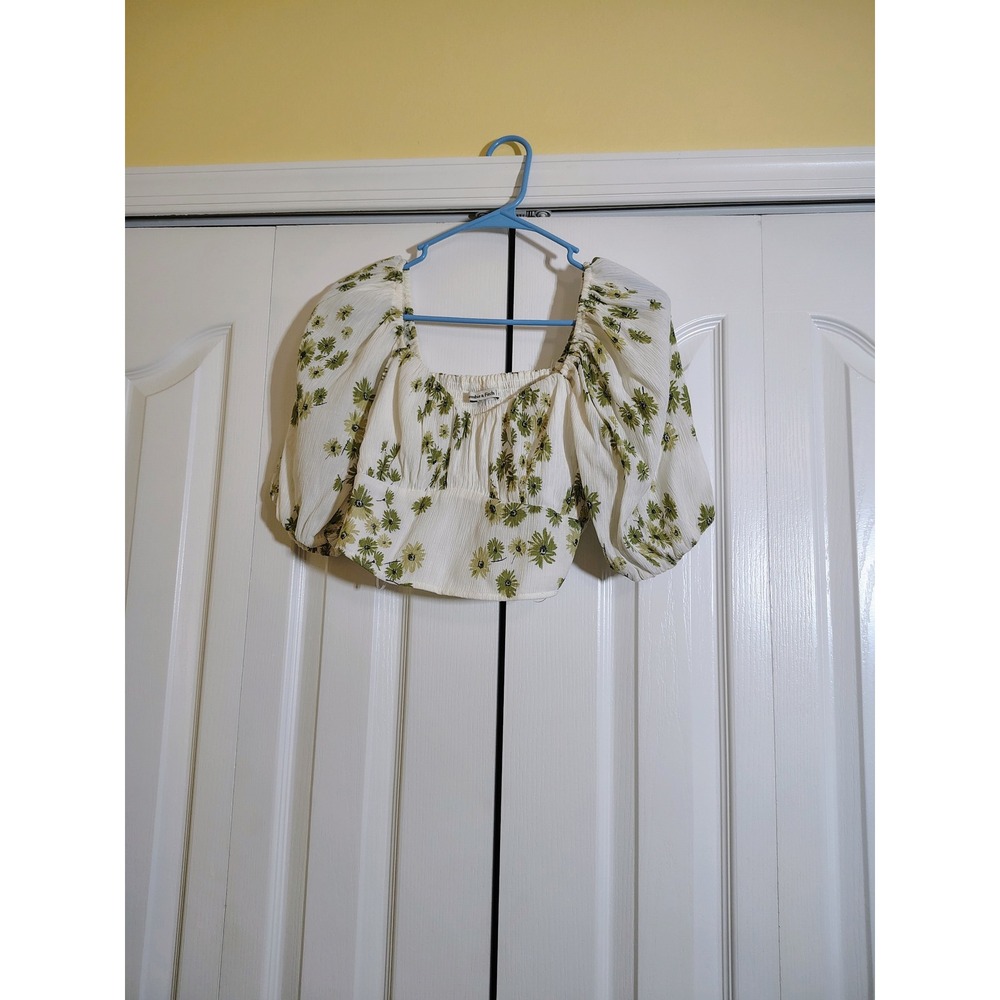 Abercrombie & Fitch Womens Floral Puff Sleeve Crop Top White Green Daisy Smocked